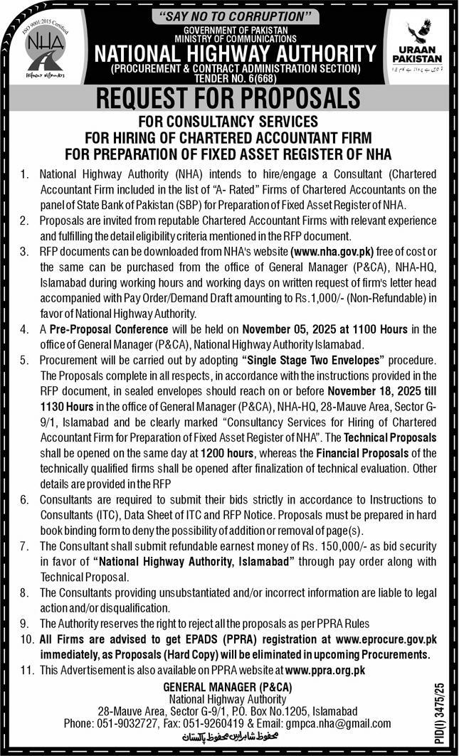 National Highway Authority Islamabad Tender Notice